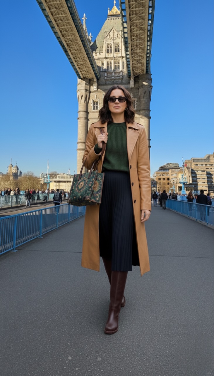 Model wearing a professional outfit and carrying a handbag