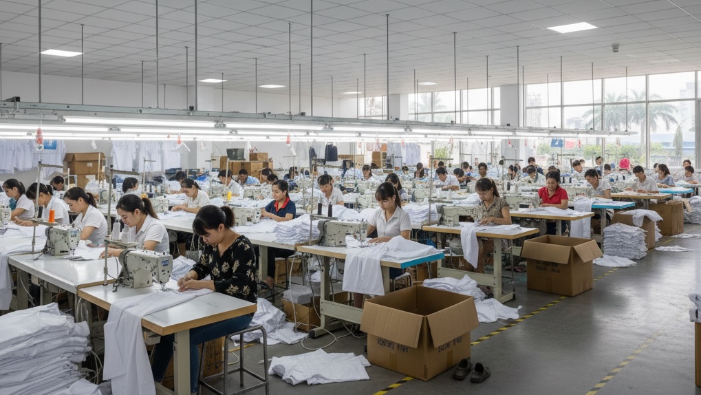 High-resolution image of a garment factory floor.